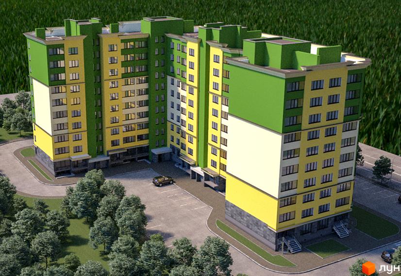 Зовнішній вигляд новобудови на вул. Набережна, 4а, з жовто-зеленими фасадами та прибудинковою територією з деревами та парковкою. Опис житлового комплексу.