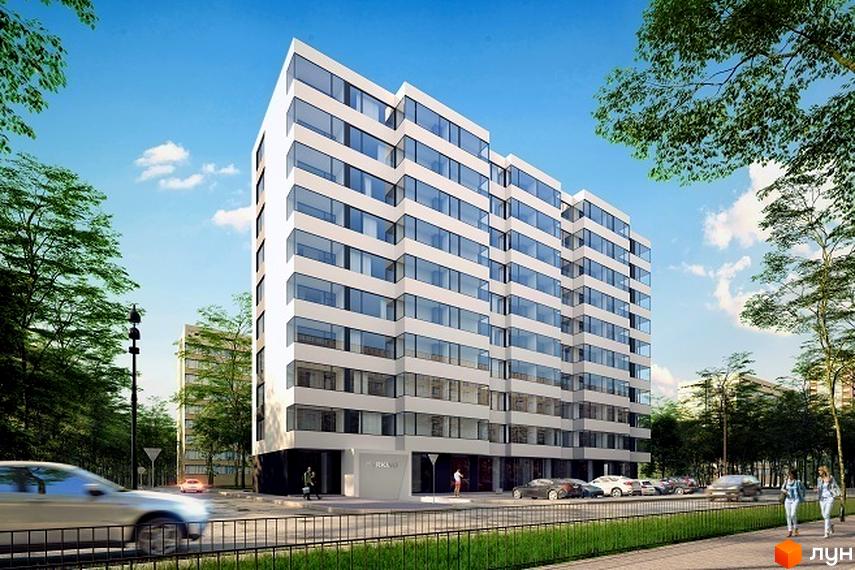 Новобудова White House з білим фасадом та панорамними вікнами. Поруч дорога з автомобілями та зелені насадження.