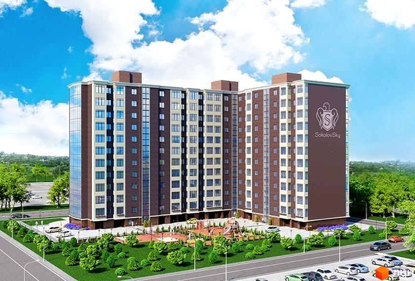 Зовнішній вигляд новобудови SokolovSky з коричневим фасадом та скляним кутом. Прибудинкова територія з дитячим майданчиком та зеленими насадженнями.