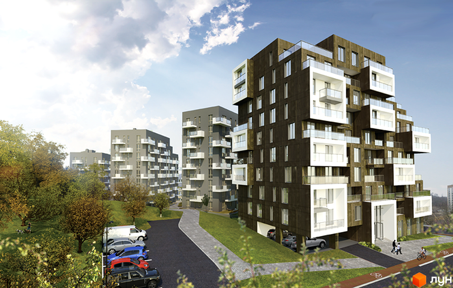 Новобудова Панорамний будинок з коричневим фасадом та білими балконами. Поруч розташований паркінг та зелена зона з деревами.