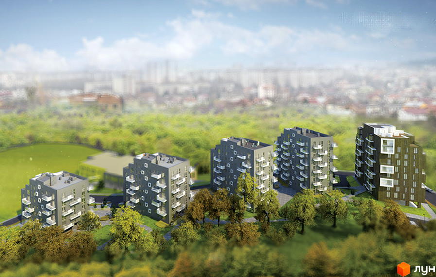 Житловий комплекс Панорамний будинок з сірими фасадами та білими балконами, розташований серед зелених дерев. На задньому плані видніється міський пейзаж.