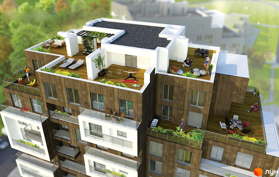 Панорамний будинок: сучасна новобудова з терасами та зонами відпочинку. Зовнішній вигляд будинку з дерев'яними елементами та великими вікнами. Прибудинкова територія з озелененням та місцями для дозвілля.