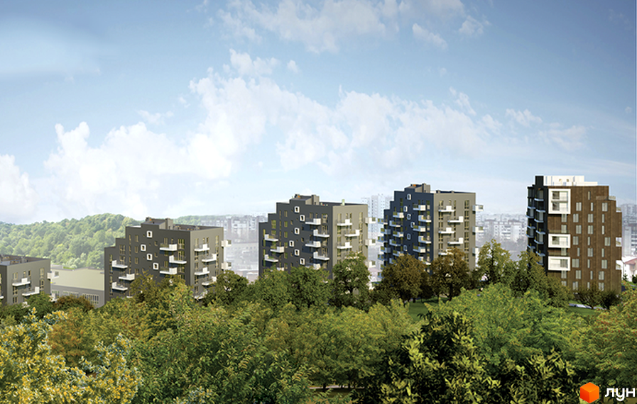 Житловий комплекс Панорамний будинок - сучасна архітектура з балконами та зеленими зонами. Комплекс розташований серед дерев, пропонуючи мальовничі краєвиди.