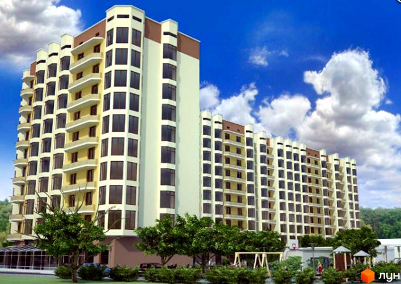 Зовнішній вигляд багатоповерхового житлового комплексу на вул. Лінкольна, 10 з жовтими та білими фасадами, великою кількістю вікон та балконів. На прибудинковій території видно дерева, кущі та дитячий майданчик.