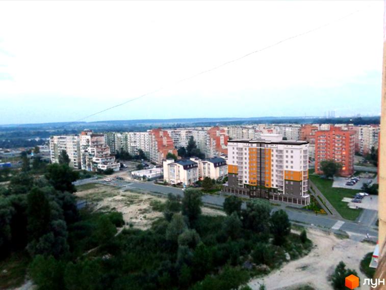 Новобудова на Героїв Крут, 60: багатоповерховий будинок з біло-помаранчевими фасадами та прибудинковою територією з деревами та дорогою.