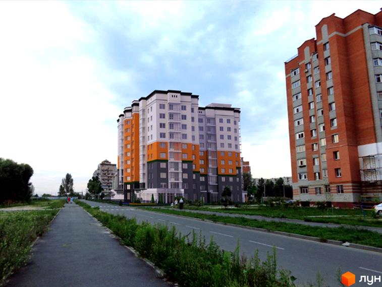 Новобудова на Героїв Крут, 60 з фасадом у помаранчевих та сірих тонах. Поруч асфальтована дорога та зелена зона.