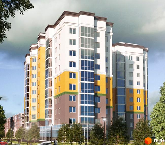 Зовнішній вигляд новобудови на вул. Героїв Крут, 60: багатоповерховий будинок з жовтими, білими та сірими фасадами, великими вікнами та зеленими деревами навколо. Прибудинкова територія з освітленням та дорогою.