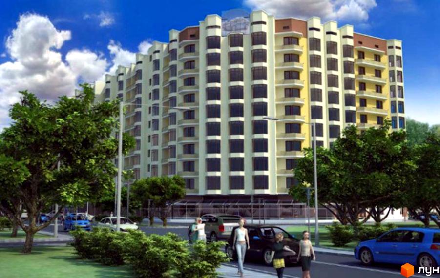 Будівельний проєкт на вул. Лінкольна, 10. Багатоповерховий будинок з балконами та темними вікнами, оточений деревами та зеленню.