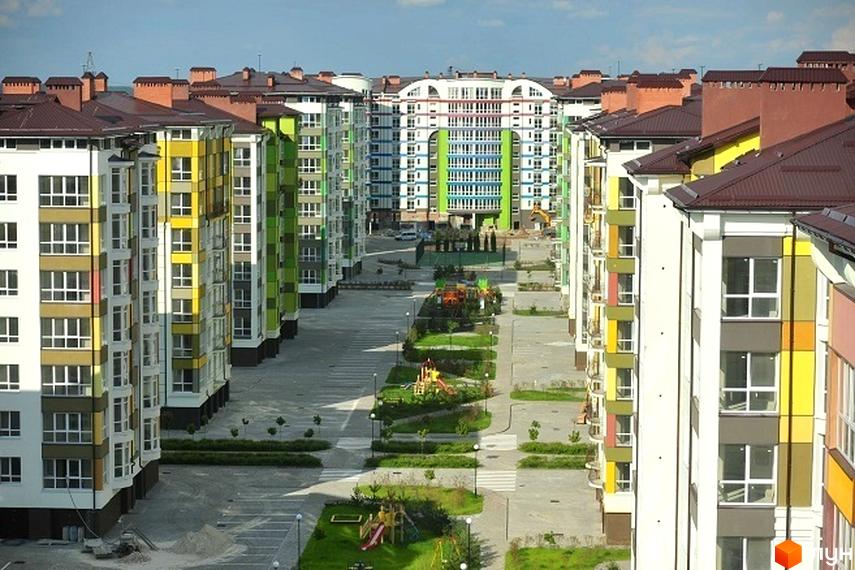 Житловий комплекс Калинова Слобода: багатоповерхові будинки з кольоровими фасадами. На території комплексу дитячі майданчики та зелені зони.