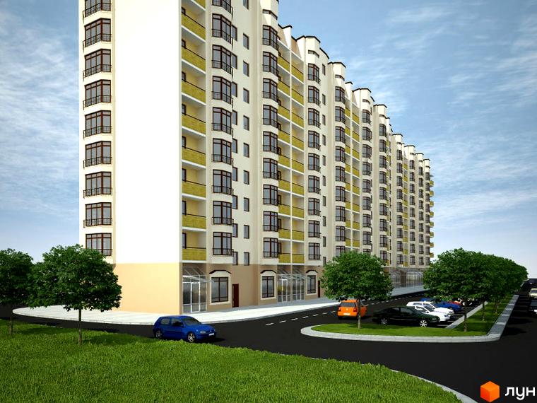 Зовнішній вигляд багатоповерхового житлового комплексу на вул. Лінкольна, 10 з численними балконами та парковкою. Навколо комплексу зелена зона з деревами та прибудинкова територія.