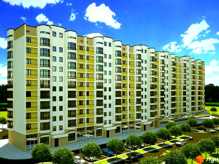 Новобудова на вул. Лінкольна, 10 з багатоповерховими секціями та балконами. Прибудинкова територія з деревами та автомобілями.