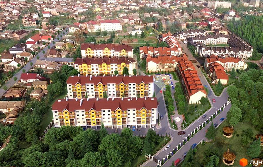 Житловий комплекс Віденська брама: фасади будівель з жовтими та білими елементами під червоними дахами, зелена прибудинкова територія з деревами та доріжками.