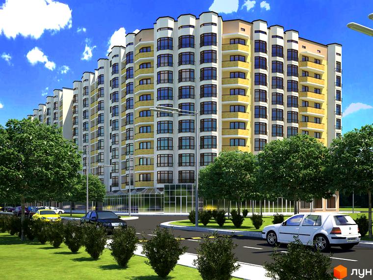 Фасад багатоповерхового житлового комплексу на вул. Лінкольна, 10, з жовтими балконами та білими стінами. Навколо будинку зелені дерева та доглянута прибудинкова територія з дорогою та автомобілями.