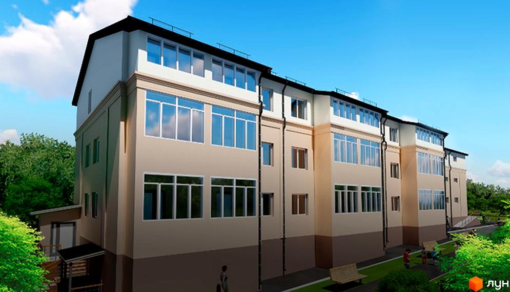 Житловий комплекс Паларіс: триповерхова новобудова з великими вікнами та світлим фасадом. На прибудинковій території розташовані лавки та зелені насадження.