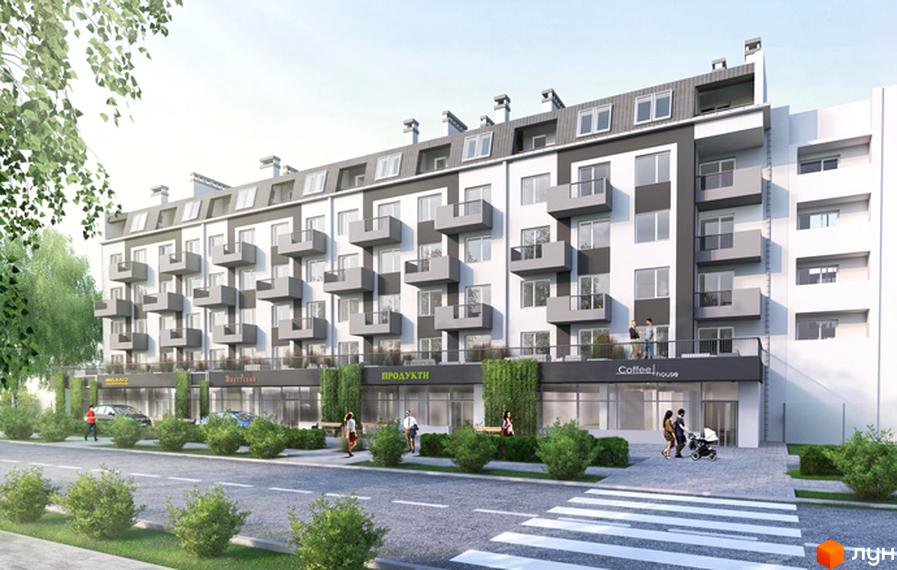 Зовнішній вигляд новобудови ЖК Європа з балконами та комерційними приміщеннями на першому поверсі. Прибудинкова територія з пішохідним переходом та зеленими насадженнями.