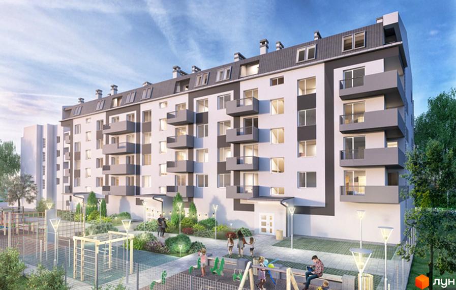 Зовнішній вигляд новобудови ЖК Європа з балконами та вікнами. Прибудинкова територія з дитячим майданчиком та зеленими насадженнями.