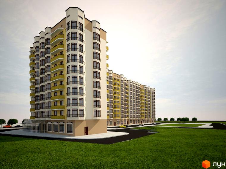 Новобудова на вул. Лінкольна, 10. Багатоповерховий будинок з жовтими та білими фасадами, балконами та скляним входом. Навколо зелена галявина та дорога з автомобілями.