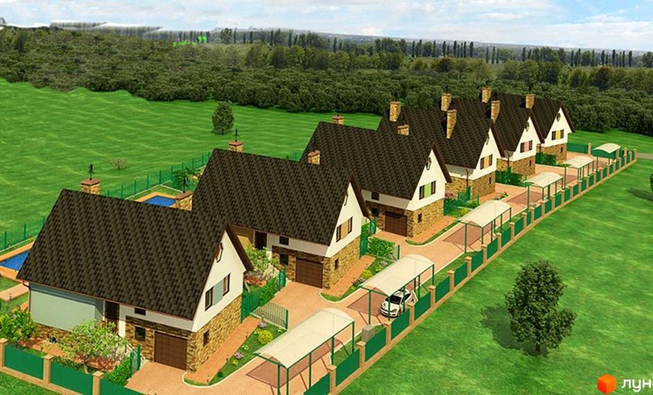 Зображення Котеджного містечка Гореничі. Двоповерхові будинки з коричневими дахами та гаражами, зелена прибудинкова територія з басейном.