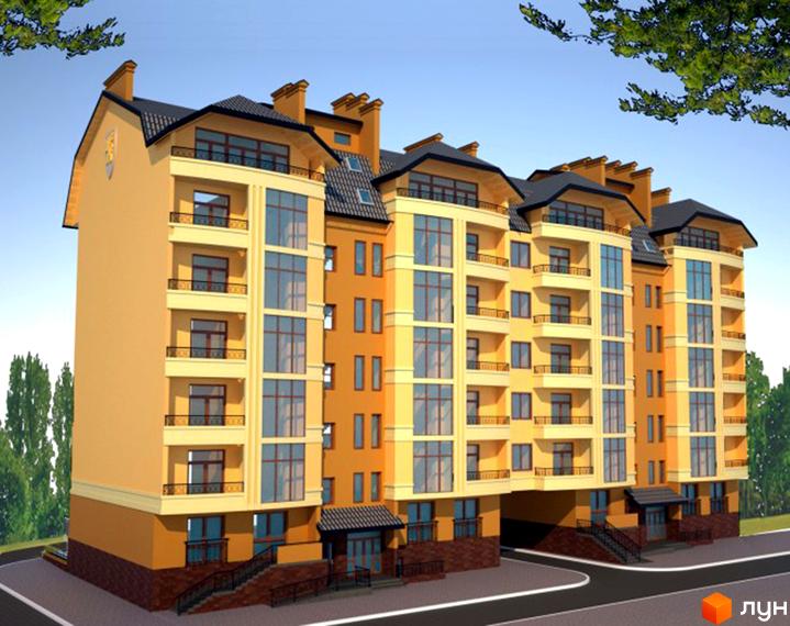 Житловий комплекс На Кондукторській - це багатоповерхова жовта новобудова з балконами та великими вікнами. Навколо будинку розташовані дерева та дорога.