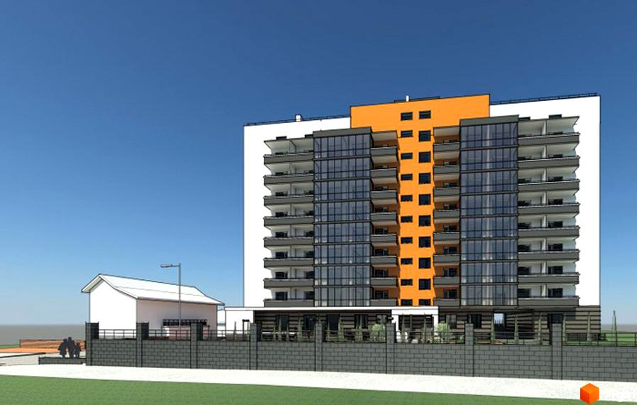 Сучасна новобудова на вул. Котляревського, 67, з фасадами білого та помаранчевого кольору, великими балконами та скляними елементами. На прибудинковій території видно паркан, зелену зону та невелику будівлю.