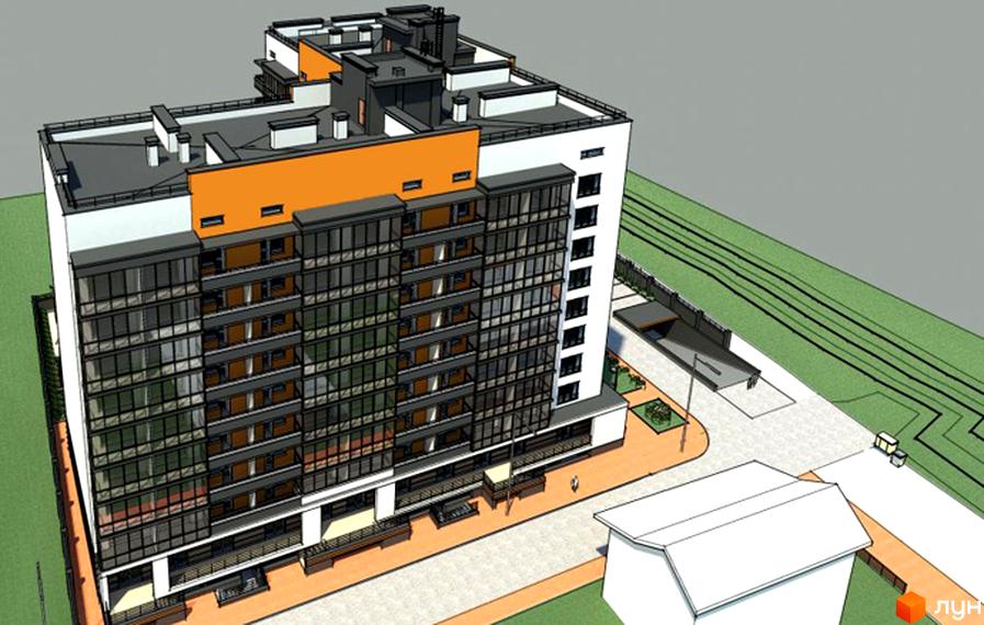 Зовнішній вигляд новобудови на вулиці Котляревського, 67, з фасадом, що поєднує білий та помаранчевий кольори, та великою кількістю скління. Прибудинкова територія з зеленими насадженнями та доріжками.