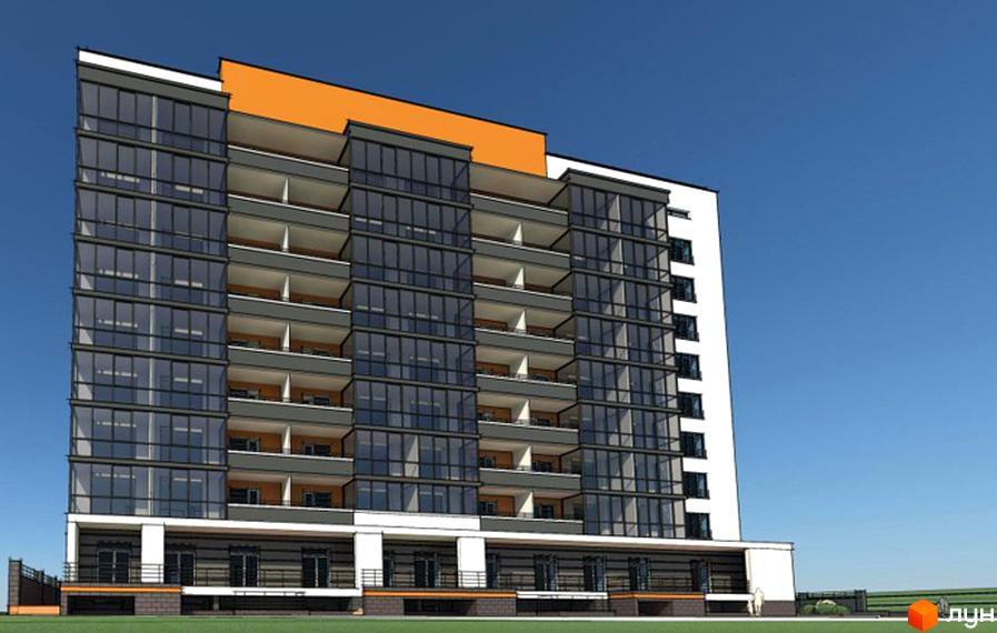 Сучасна новобудова на вулиці Котляревського, 67, з панорамним склінням та балконами. Навколо будинку зелена територія та паркан.