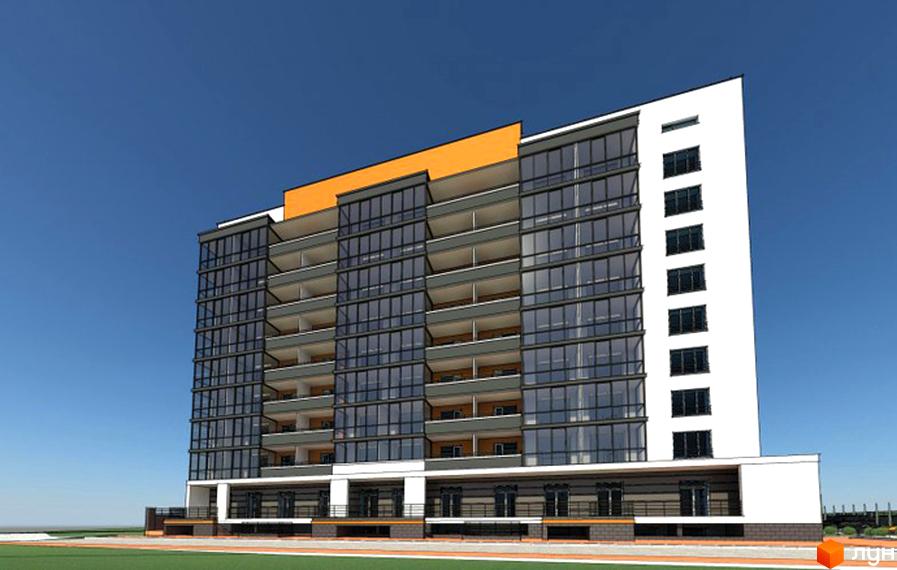 Зовнішній вигляд новобудови на вулиці Котляревського, 67, з великою кількістю скляних фасадів та балконів. Будинок має сучасний дизайн з помаранчевими елементами.