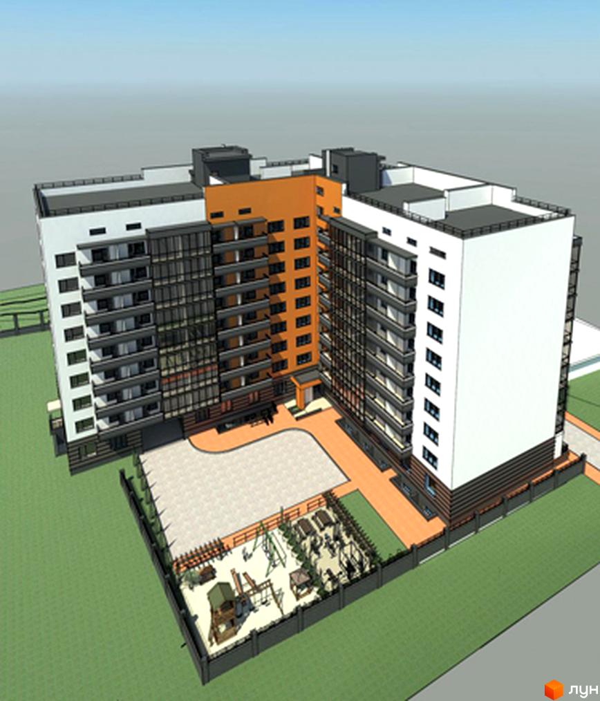 Зовнішній вигляд багатоповерхового будинку з оранжевими та білими фасадами, скляними балконами. Прибудинкова територія включає дитячий майданчик з гойдалками та гірками.