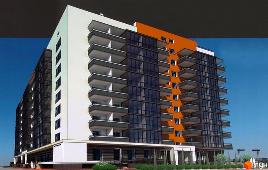 Фасад житлового комплексу на вулиці Котляревського, 67, з балконами та скляними елементами. Навколо будинку облаштована прибудинкова територія з деревами та освітленням.