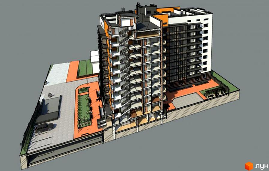 Візуалізація житлового комплексу на вул. Котляревського, 67. Будинок складається з двох секцій різної висоти з панорамним склінням та відкритими балконами. Прибудинкова територія включає паркінг, зелені зони та місця для відпочинку.