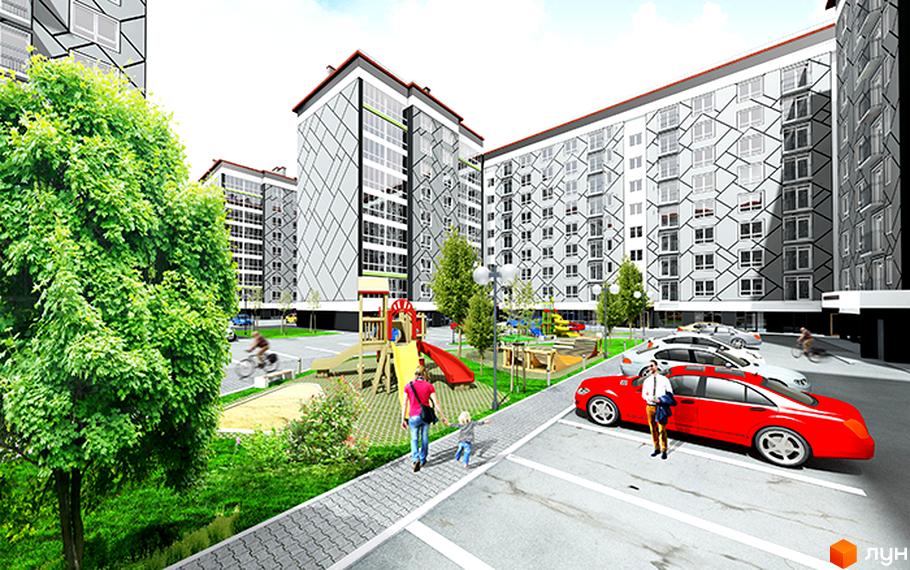 Житловий комплекс Левада Затишна. Зовнішній вигляд будинків з сірим геометричним візерунком та прибудинкова територія з дитячим майданчиком та парковкою.