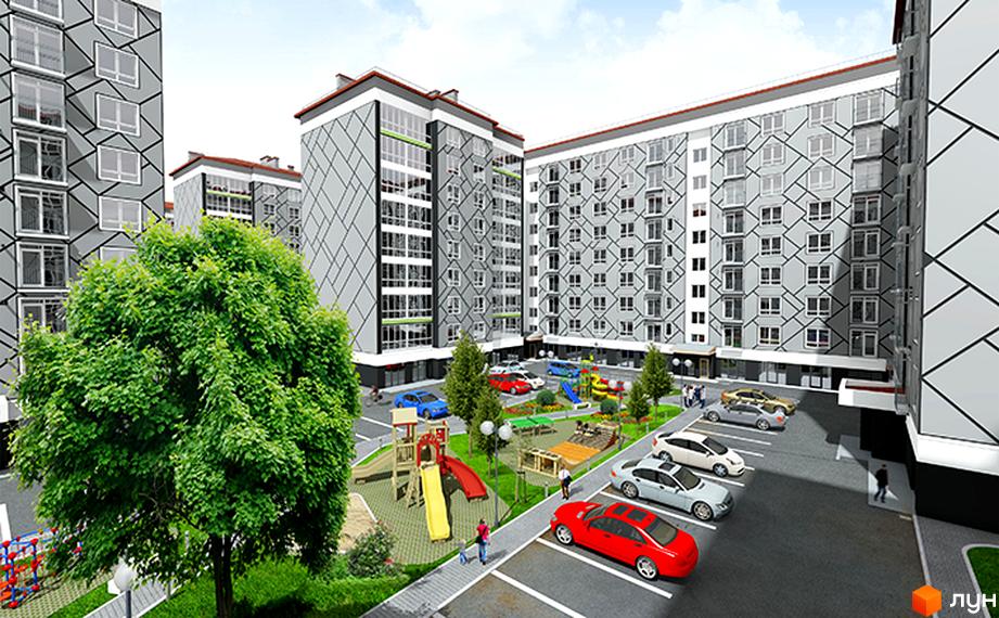 Зовнішній вигляд житлового комплексу Левада Затишна з сірими фасадами та великою кількістю вікон. На прибудинковій території розташовані дитячий майданчик та парковка з автомобілями.