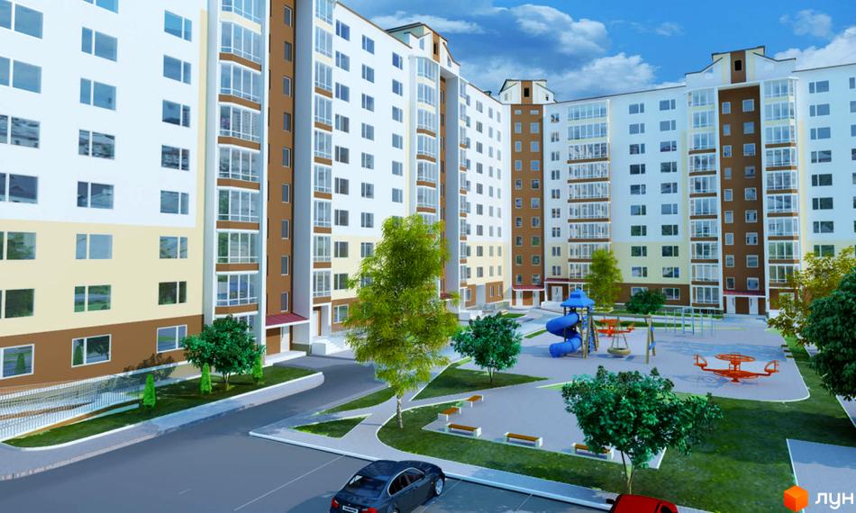 Зовнішній вигляд багатоповерхових будинків житлового комплексу на вул. Василя Порика. На прибудинковій території розташований дитячий майданчик та зони відпочинку.