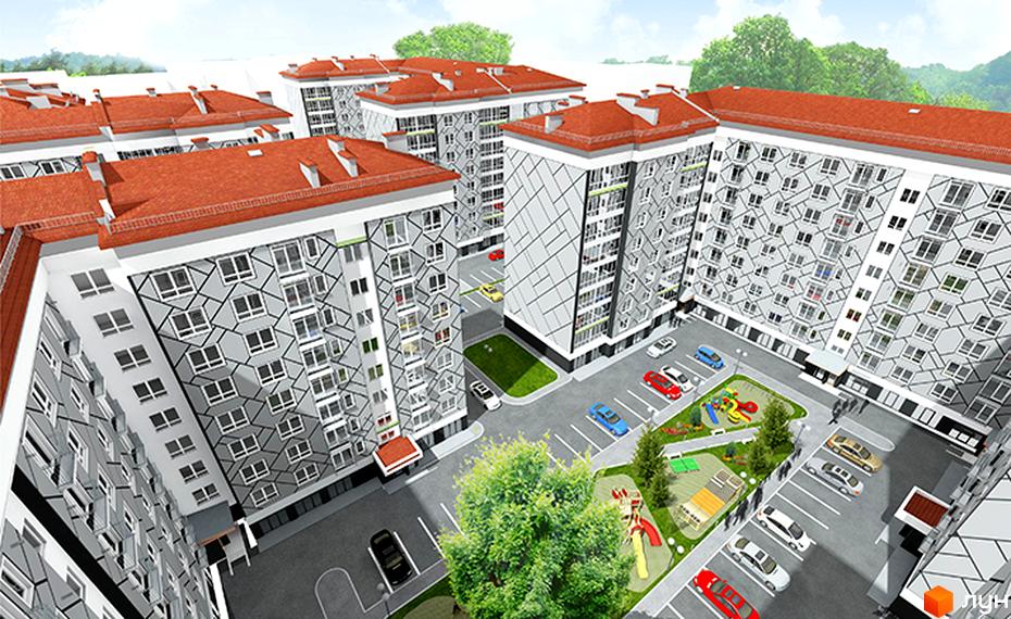 Зовнішній вигляд житлового комплексу Левада Затишна з червоними дахами та сірими фасадами. На прибудинковій території розташований дитячий майданчик та парковка з автомобілями.