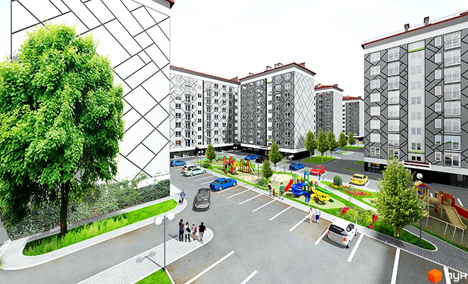 Житловий комплекс Левада Затишна. Зовнішній вигляд будинків з сірими фасадами та геометричним візерунком. Прибудинкова територія з дитячим майданчиком та парковкою.