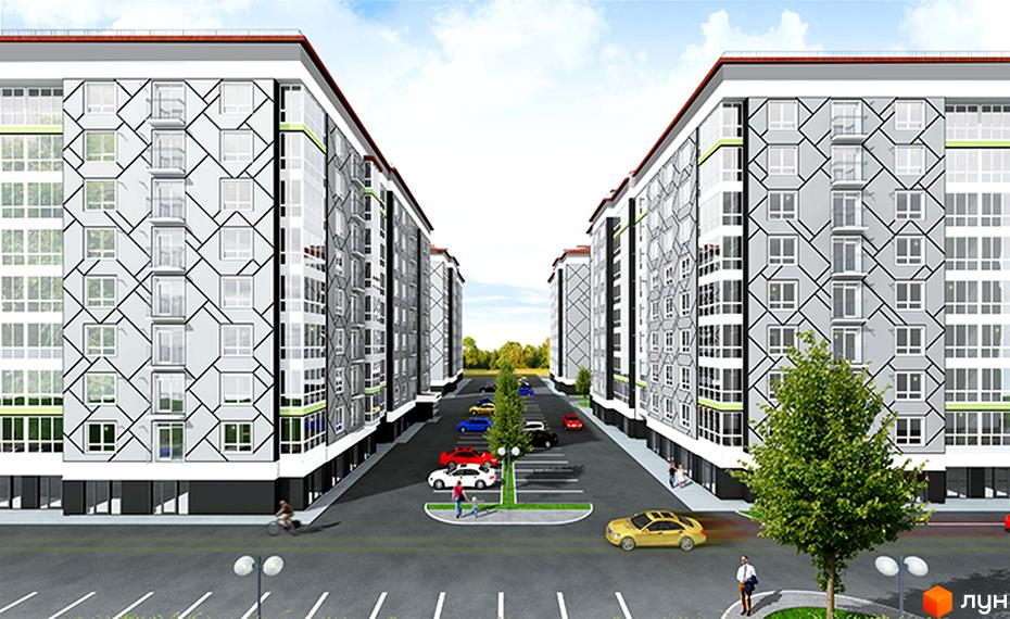 Зовнішній вигляд ЖК Левада Затишна: сучасні багатоповерхові будинки з панорамними вікнами та балконами. Прибудинкова територія з парковкою, деревами та пішохідними доріжками.