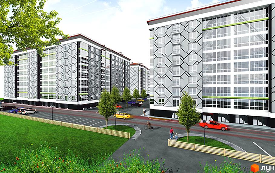 Зовнішній вигляд житлового комплексу Левада Затишна з сірими фасадами та скляними балконами. На прибудинковій території розташовані дерева, парковка та зелена зона.