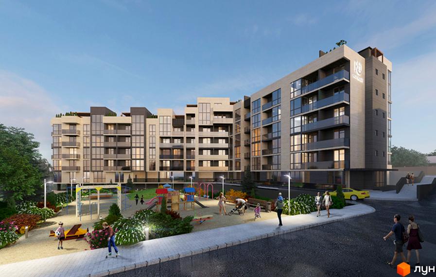 Житловий комплекс RichHouse - це сучасна новобудова з великою кількістю вікон та балконів. Територія навколо будинку облаштована дитячим майданчиком та зонами для відпочинку.