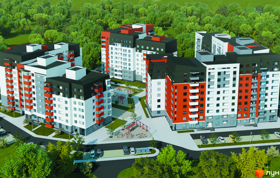 Зовнішній вигляд житлового комплексу Рідний Дім з фасадами білого, сірого та помаранчевого кольорів. На прибудинковій території розташовані дитячі майданчики та паркувальні місця.