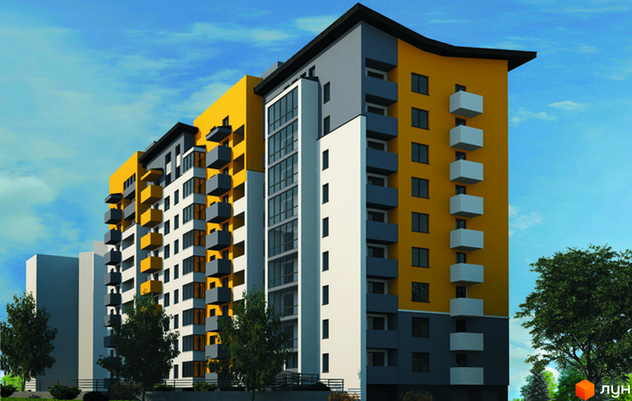 Яскрава новобудова на вул. Яреми, 8, з жовтими та сірими фасадами, балконами та великими вікнами. Навколо будинку зелені дерева та хмарне небо.