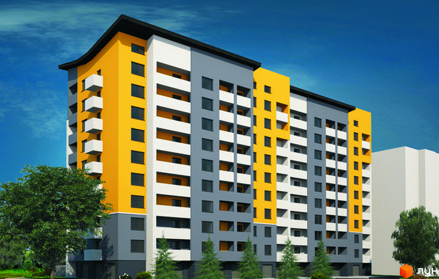 Сучасний житловий комплекс на вулиці Яреми, 8, з яскравим жовто-сірим фасадом та білими балконами. Навколо будинку зелені дерева та невелика прибудинкова територія.