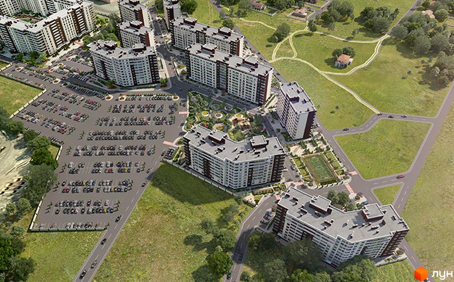 Житловий комплекс PARKLAND з багатоповерховими будинками біло-коричневого кольору. Навколо розташовані великі парковки, зелені зони, дитячі майданчики та спортивні поля.