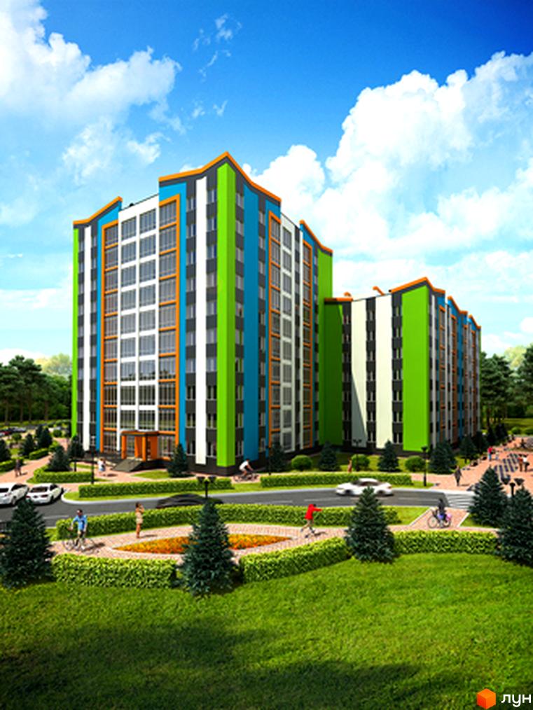 Житловий комплекс Єсенін 2 з яскравим фасадом та доглянутою прибудинковою територією з зеленими насадженнями та місцями для відпочинку.