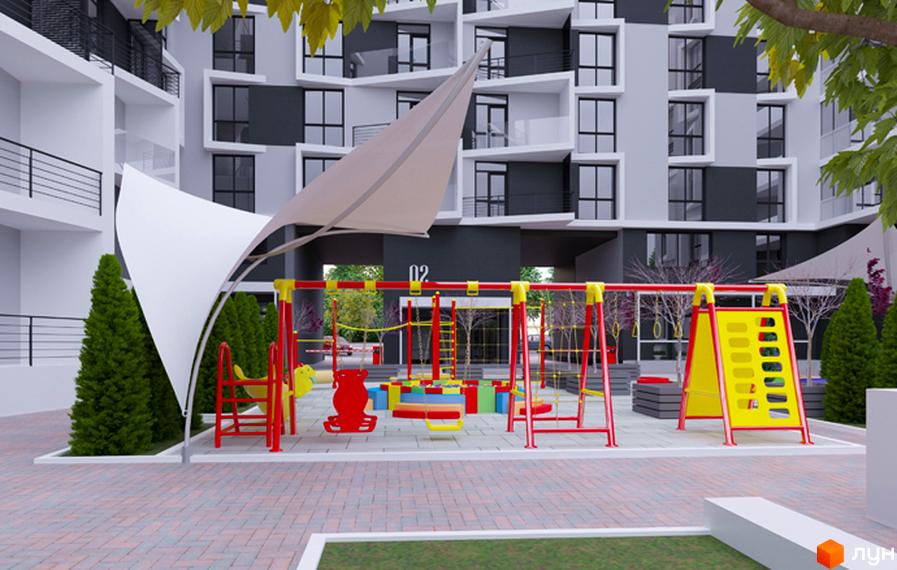Житловий комплекс 360: сучасна архітектура та дитячий майданчик з гойдалками та гіркою. Зелені насадження та тіньовий навіс створюють комфортну атмосферу.