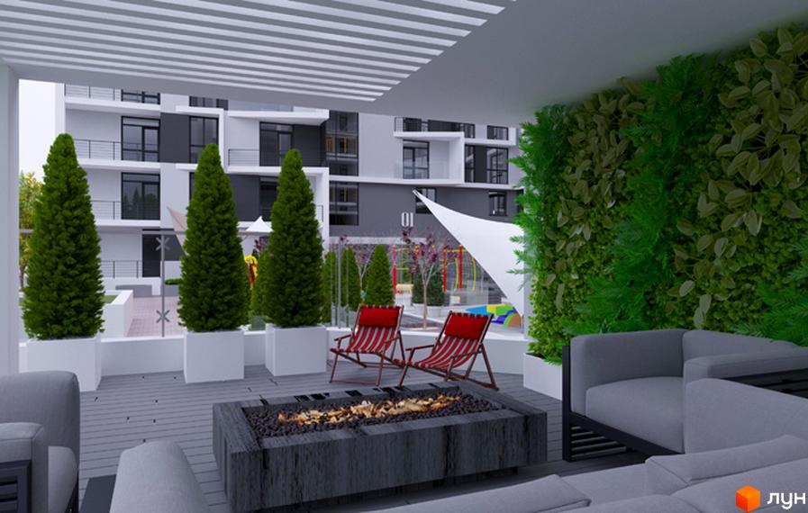Житловий комплекс 360: сучасний фасад будівлі та затишна зона відпочинку з каміном та зеленою стіною. Територія комплексу з дитячим майданчиком та зеленими насадженнями.