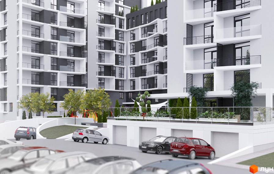 Зовнішній вигляд житлового комплексу ЖК 360 з білими фасадами, темними вікнами та балконами. На прибудинковій території розташовані дерева, дитячий майданчик та парковка з автомобілями.