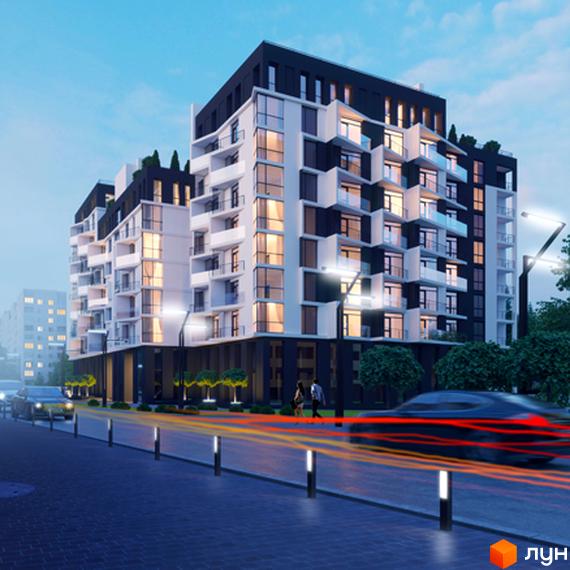 Житловий комплекс 360 - сучасна архітектура з білими та темними фасадами, великими вікнами та балконами. Перед будинком - дорога з освітленням та зелені насадження.