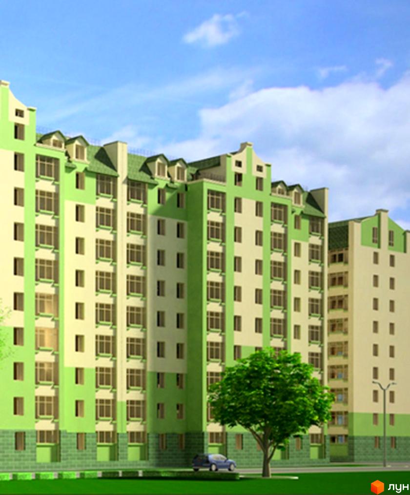 Житловий комплекс Ландиш має світло-бежевий та світло-зелений фасад з багаторівневим зеленим дахом. Перед будинком росте дерево та стоїть автомобіль.