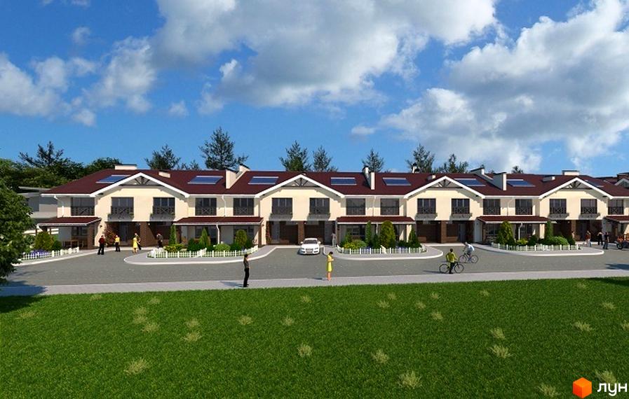 Зовнішній вигляд таунхаусів EcoVillage з червоним дахом та світлими фасадами. Прибудинкова територія з зеленим газоном, дорогою та людьми.