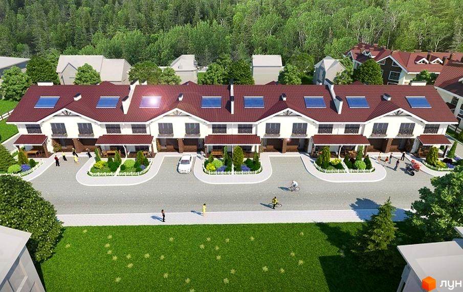 Сучасний житловий комплекс EcoVillage з таунхаусами та доглянутою прибудинковою територією. Зелені насадження та доріжки для прогулянок.